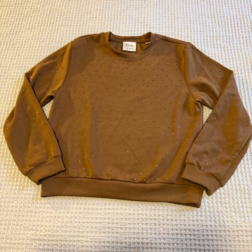 Elie Tahari Brown Crewneck Sweater with Subtle Embellishments